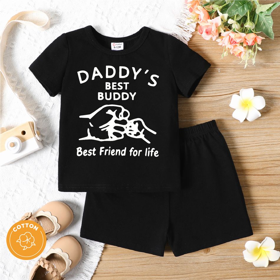 2pcs Baby Girl 95% Cotton Short-sleeve Fist and Letter Print Black T-shirt with Shorts Set Black
