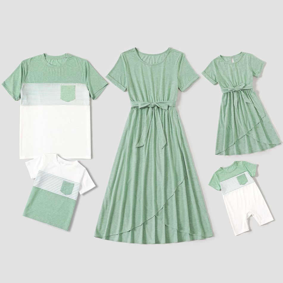Family Matching Green Short-sleeve Tulip-Hem Dresses and Colorblock T-shirts Sets Mint Green big image 1