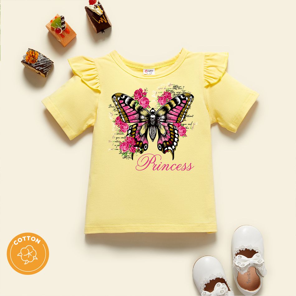 Toddler Girl Butterfly Print Graphic Ruffled Beige Short-sleeve Tee Pale Yellow