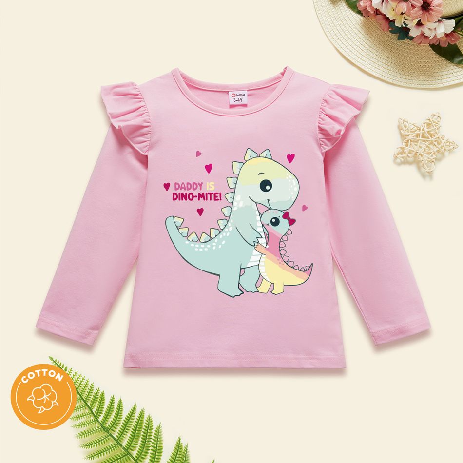 Toddler Girl Graphics Dinosaur and Heart-shaped and Letter Print Ruffle Long-sleeve Tee Light Pink