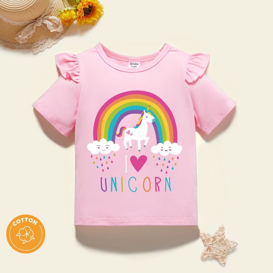 Toddler Girl Graphic Unicorn and Rainbow and Heart Print Ruffled Short-sleeve Tee Light Pink