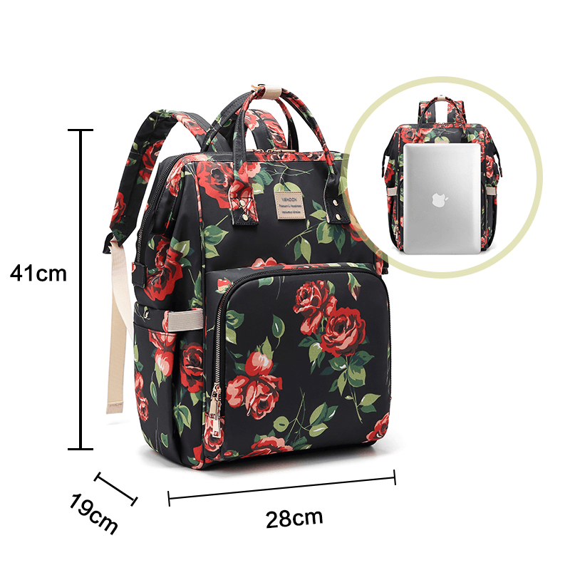 Multifunctional Mommy Bag Backpack Allover Floral Print Large Capacity Waterproof Maternity Outdoor Working Backpack with USB Black