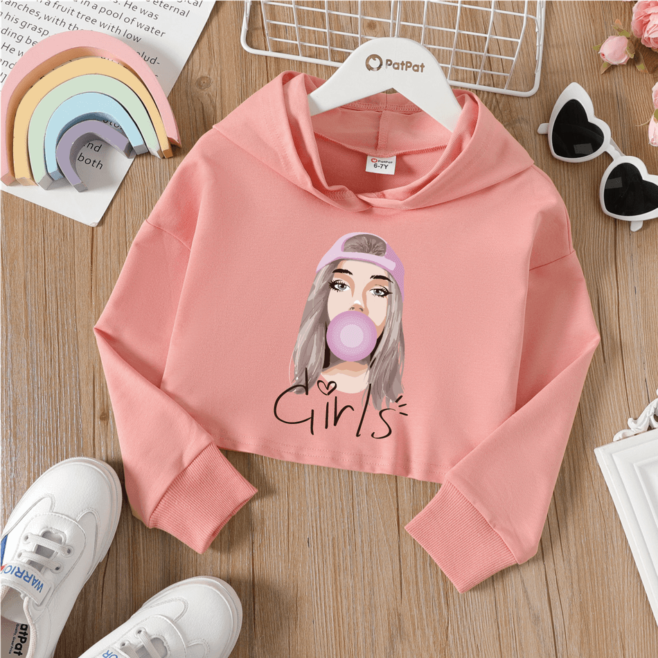 Kid Girl Figure Graphic Print Hooded Sweatshirt Pink big image 1