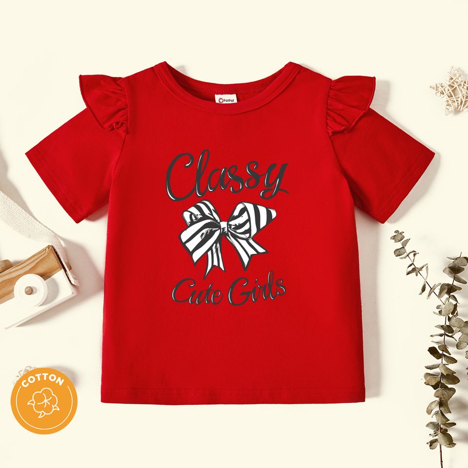 Toddler Graphic Bowknot and Letter Print Ruffled Short-sleeve Tee Red