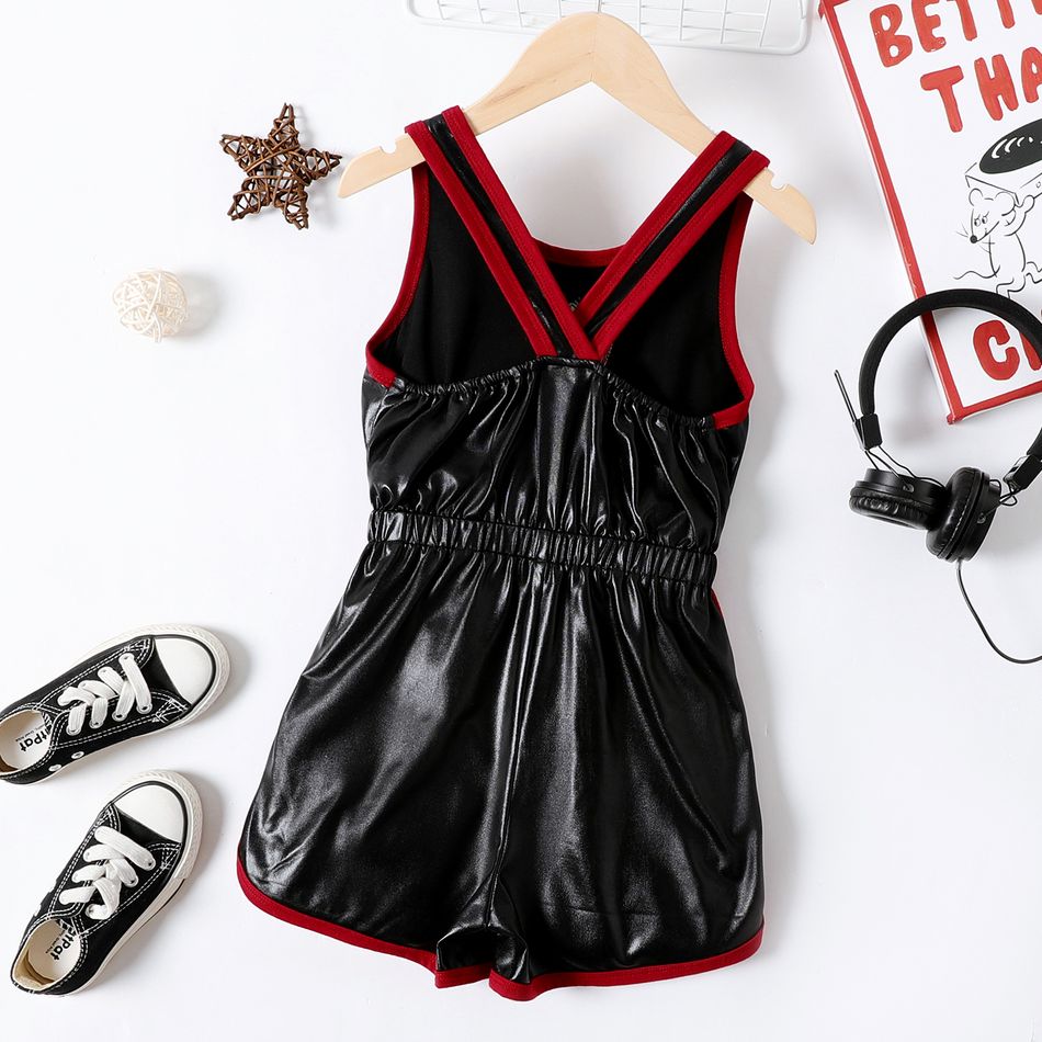 Kid Girl Letter Strawberry Embroidered Sleeveless Metallic Rompers Black big image 2