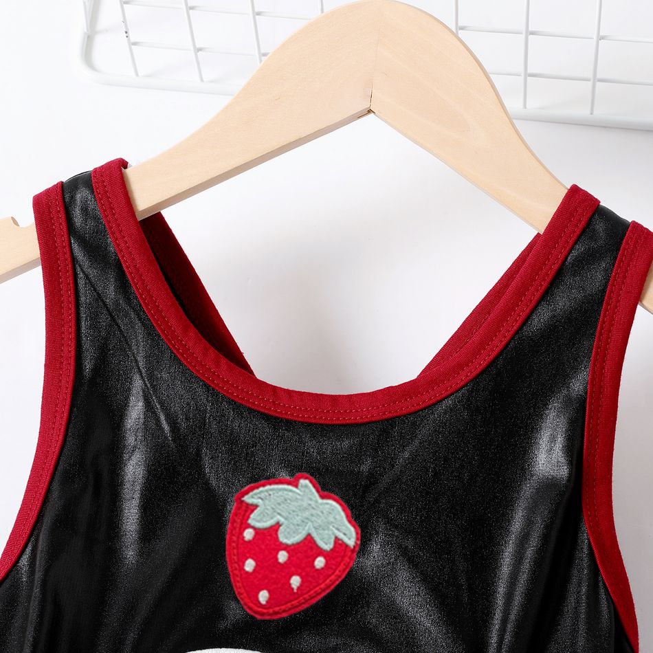 Kid Girl Letter Strawberry Embroidered Sleeveless Metallic Rompers Black big image 3