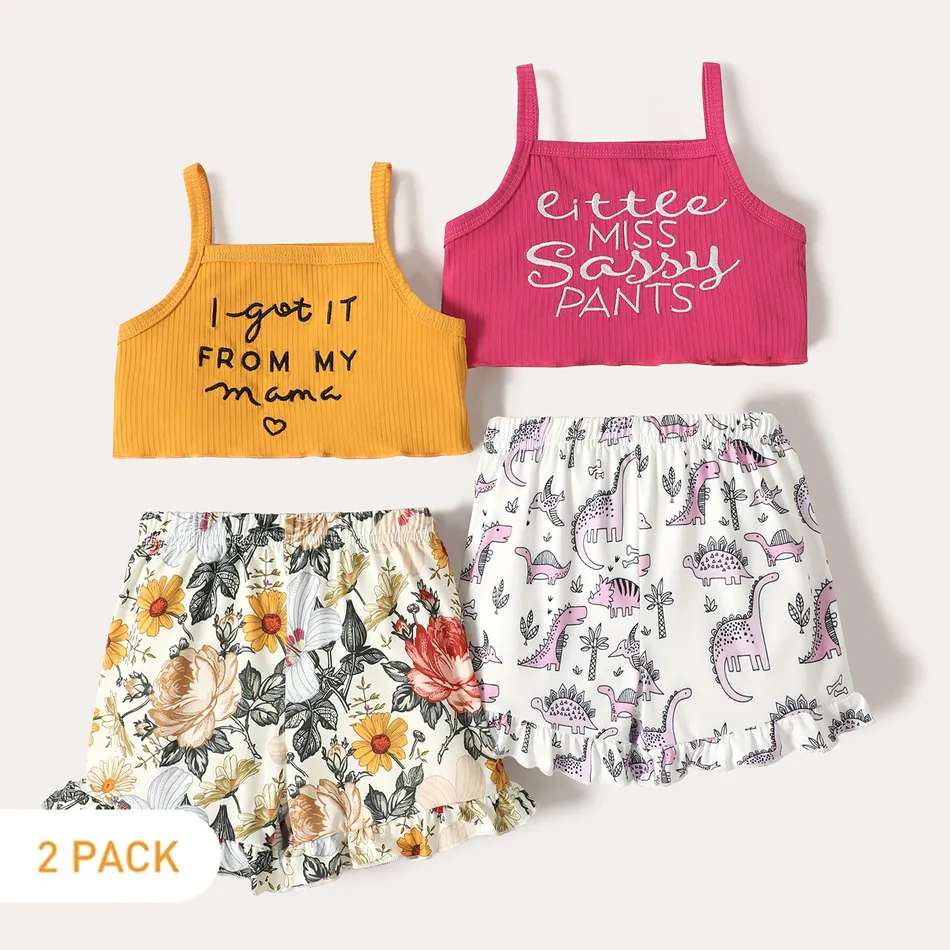 2-Pack Toddler Girl Letter Print Camisole and Floral Print Shorts Set MultiColour