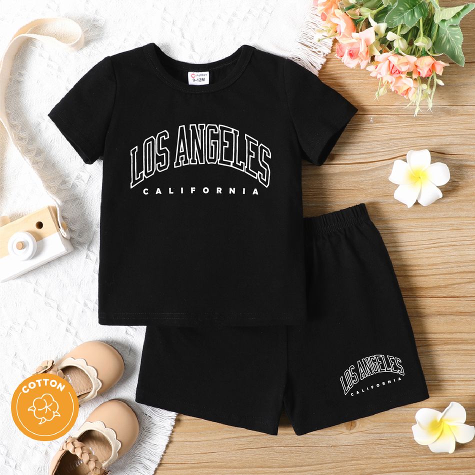 2pcs Baby Boy/Girl 95% Cotton Short-sleeve Letter Print Black T-shirt and Shorts Set Black
