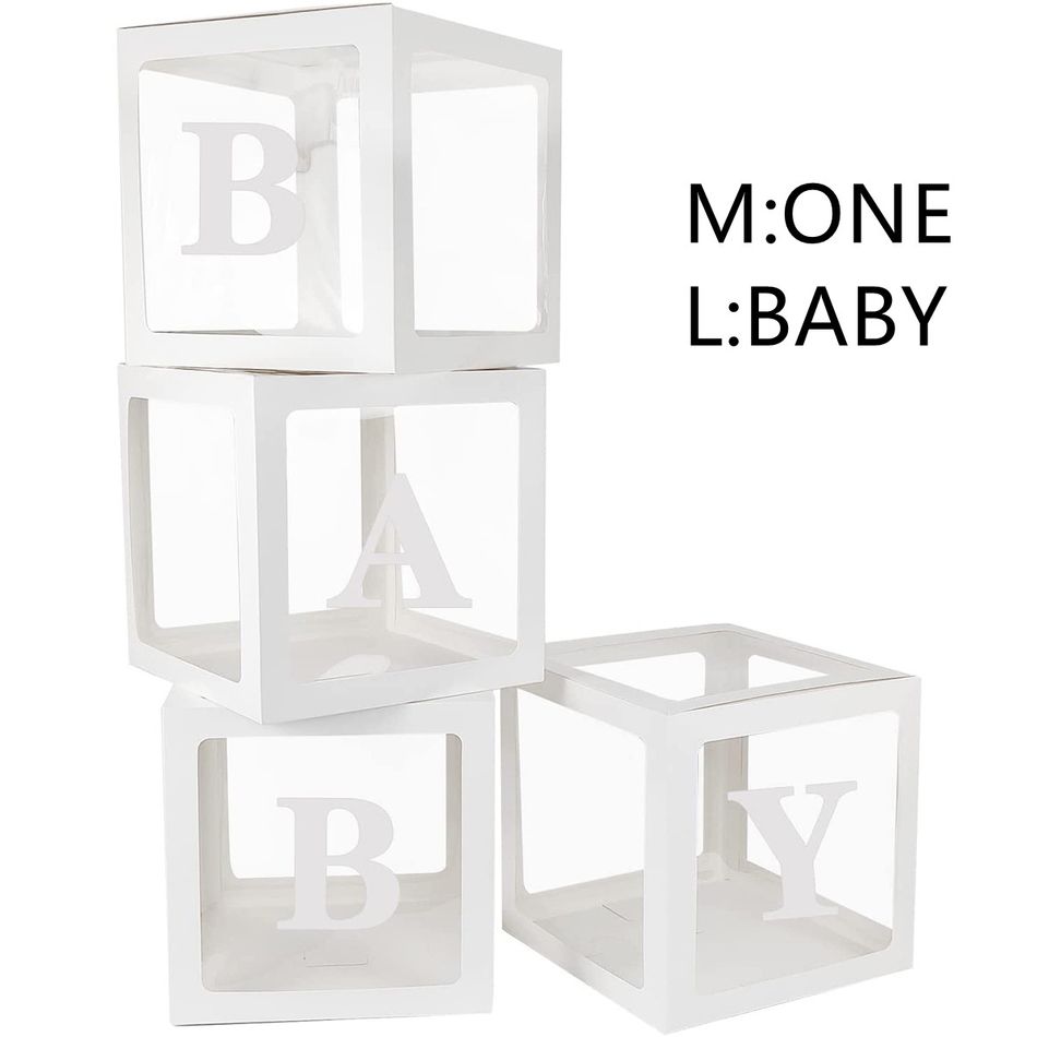 Caixas de chá de bebê de 3/4 caixas para decoração de festa caixas de balões transparentes com letras blocos transparentes individuais para chás de panela de revelação de gênero Branco big image 1