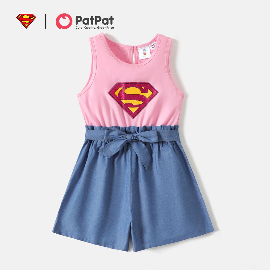 Justice League Kid Girl Colorblock Splice Sleeveless Belted Rompers Pink