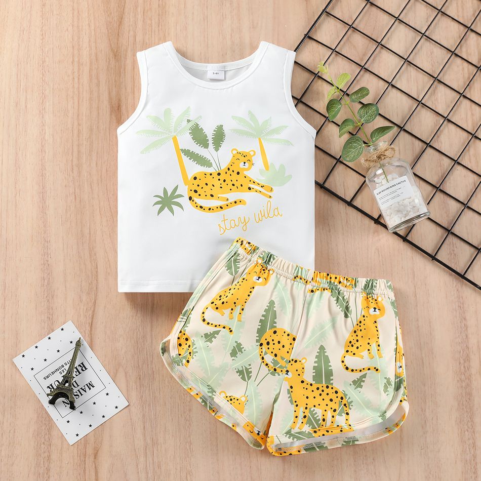 Full Of Vitality Toddler Boy Leopard and Coconut Tree Print Sleeveless White Tank Top and Yellow Shorts Set White
