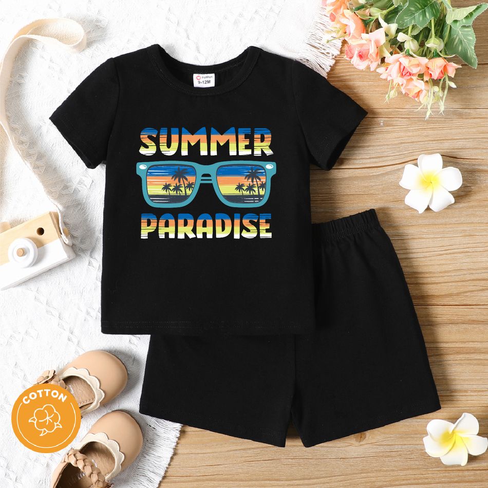 2pcs Baby Boy/Girl 95% Cotton Short-sleeve Sunglasses & Letter Print T-shirt and Shorts Set Black