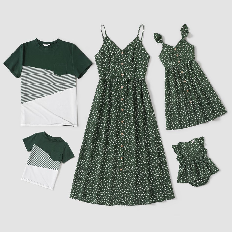 Family Matching Allover Floral Print Button Front V Neck Cami Dresses and Colorblock Pinstriped Short-sleeve T-shirts Sets Dark Green