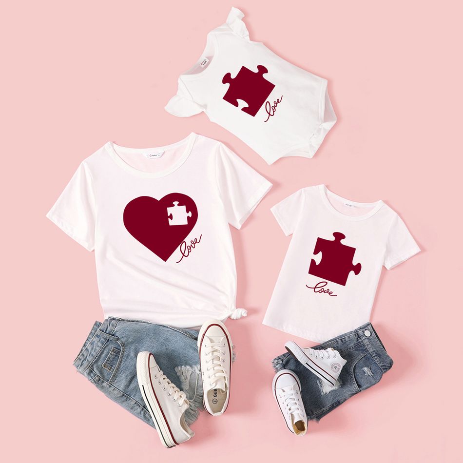 Love Heart & Letter Print White Short-sleeve T-shirts for Mom and Me White