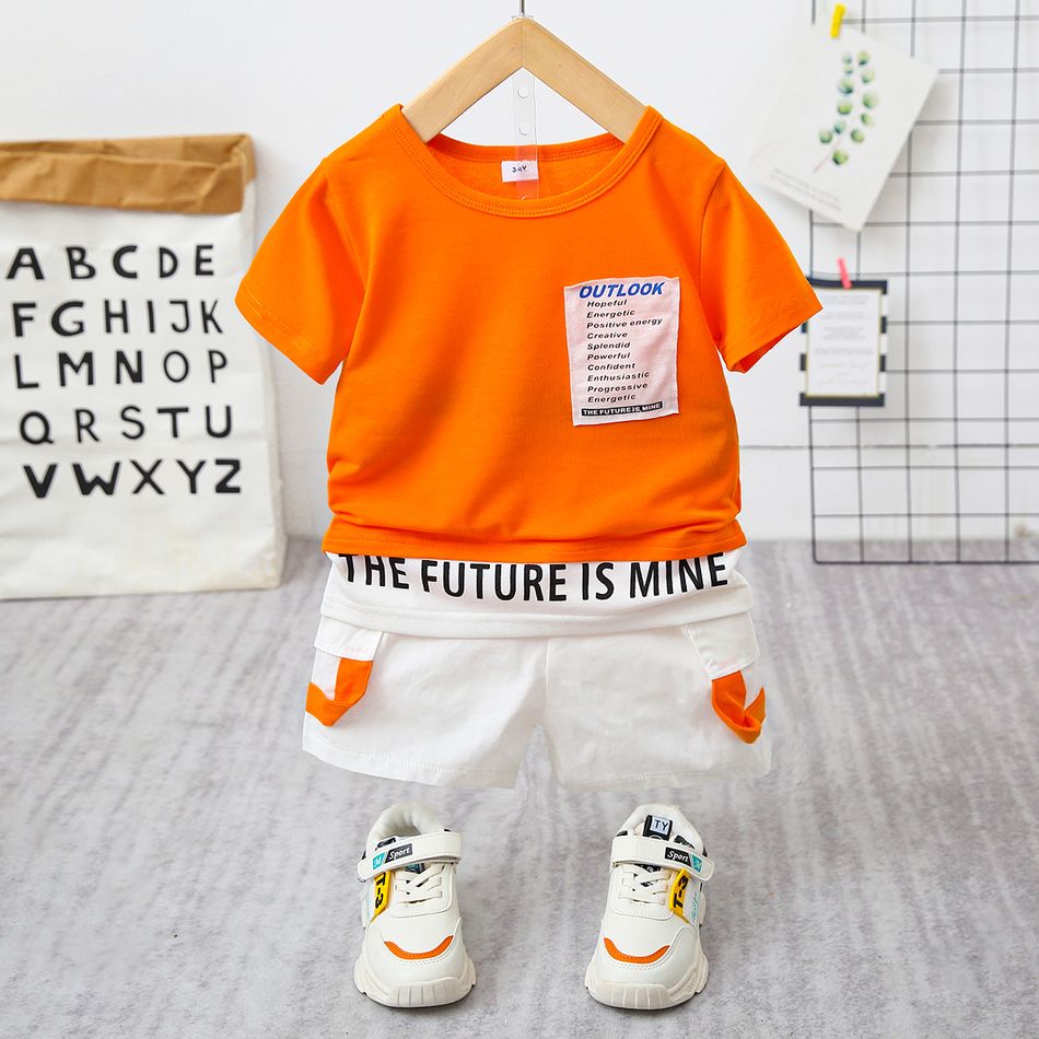 2pcs Kid Boy Letter Print Patchwork Short-sleeve Orange Tee and Cargo Shorts Set Orange