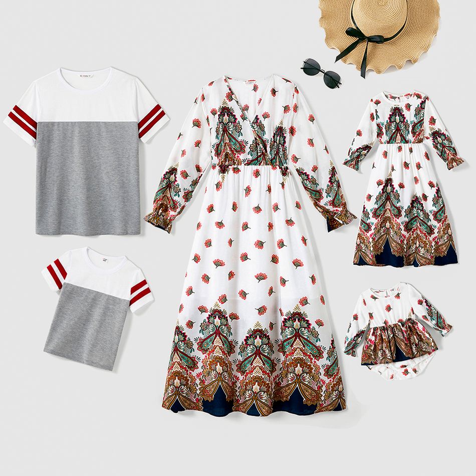 Ramadan Collection Family Matching Allover Floral Print Cross V Neck Long-sleeve Dresses and Colorblock Short-sleeve T-shirts Sets White