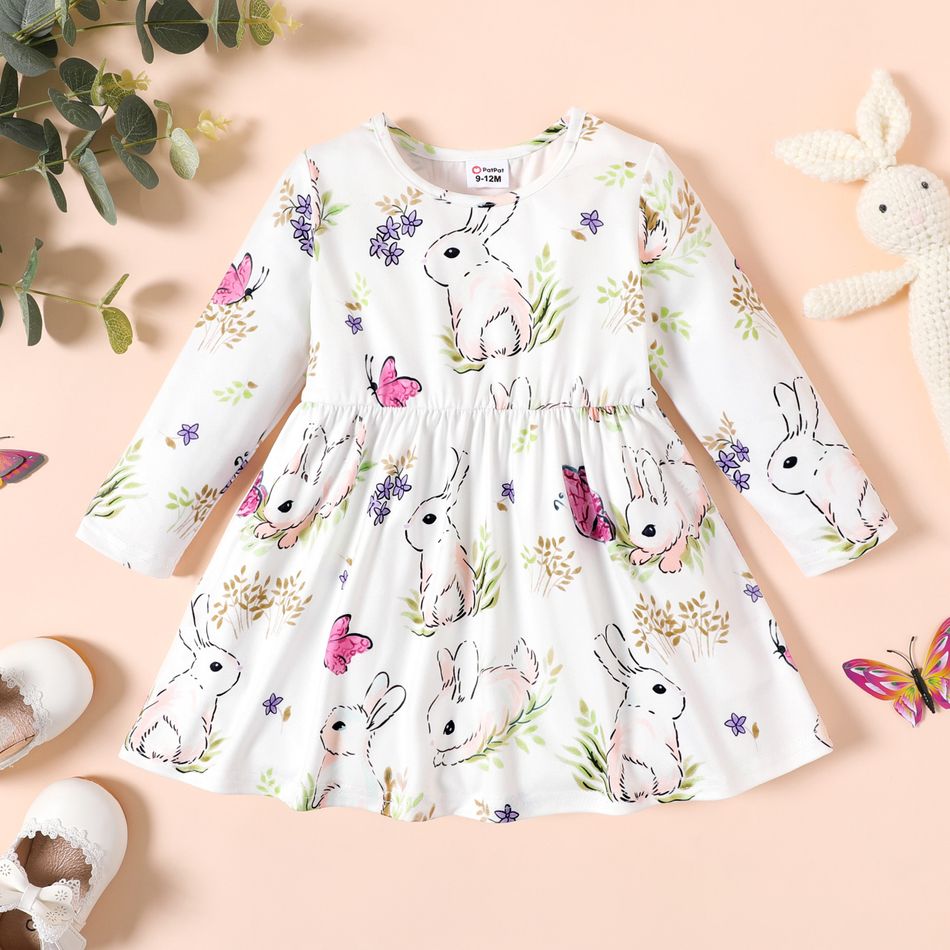 Baby Girl Allover Rabbit Print White Long-sleeve Dress White