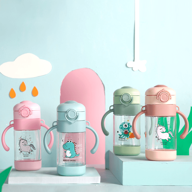 Garrafa de água de palha infantil de 360 ml, desenho animado dinossauro unicórnio, copo de canudinho com alça fácil de usar Rosa big image 6