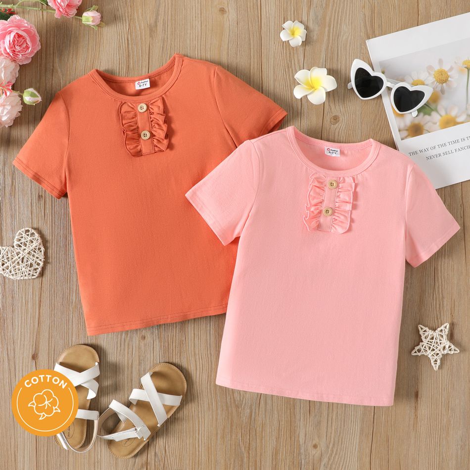Kid Girl Solid Color Ruffled Short-sleeve Cotton Tee Pink big image 2