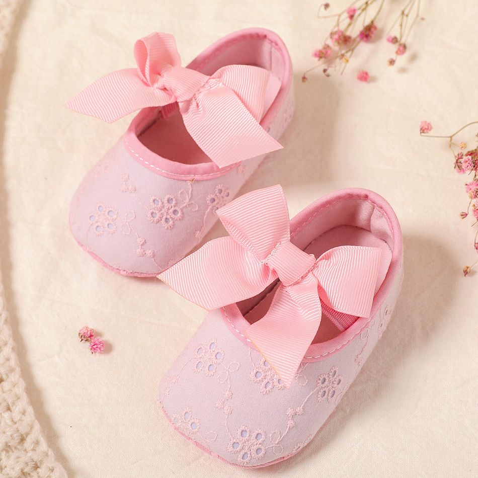 Baby / Toddler Ribbed Bow Decor Pink Embroidered Prewalker Shoes Pink