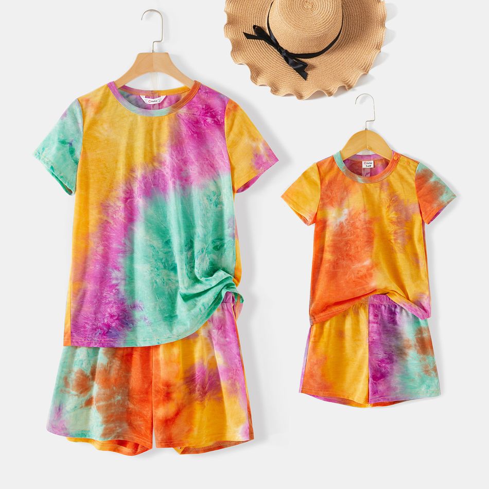 Mommy and Me Tie Dye Round Neck Short-sleeve T-shirt with Shorts Sets Colorful