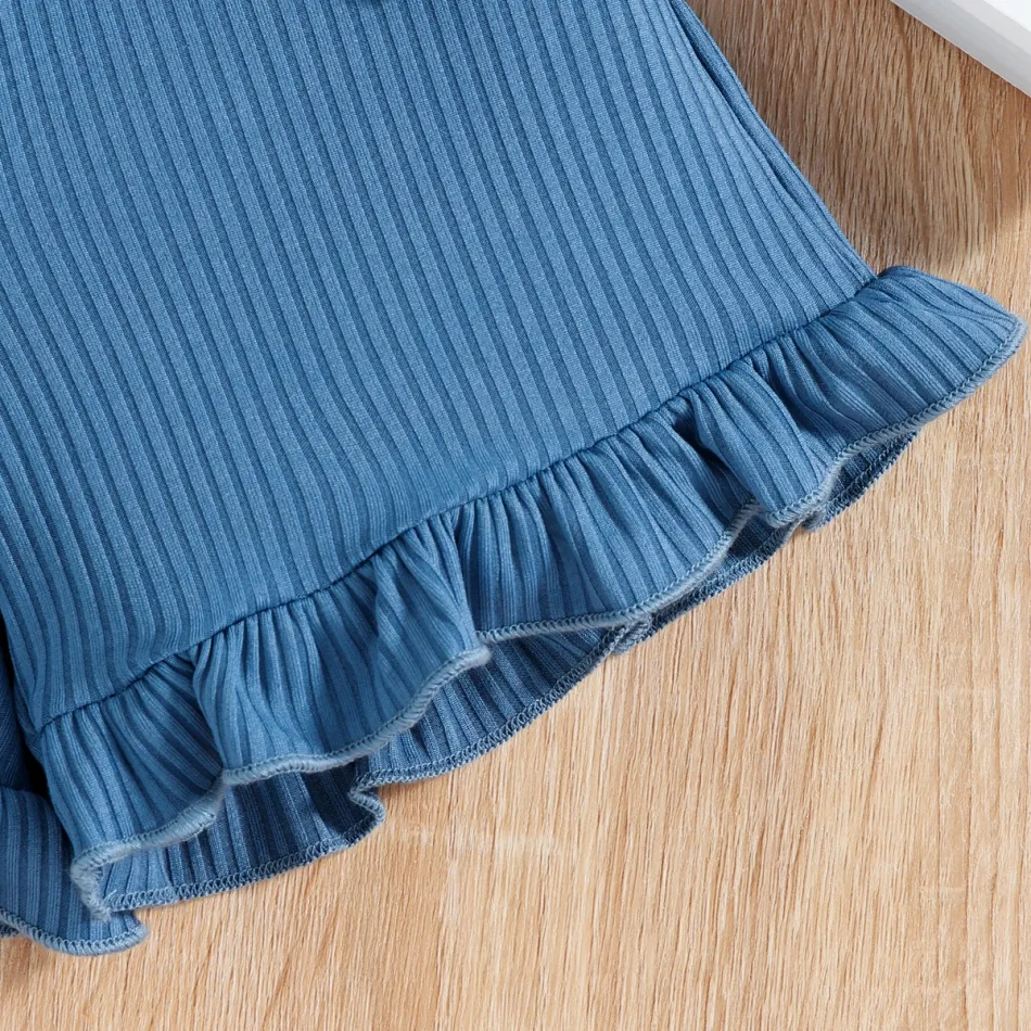 2pcs Baby Girl Blue Rib Knit Halter Neck One Shoulder Tank Top and Belted Ruffle Trim Shorts Set Blue big image 3