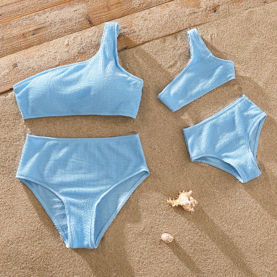 Blue Textured One Shoulder Two-Piece Swimsuit for Mom and Me Blue