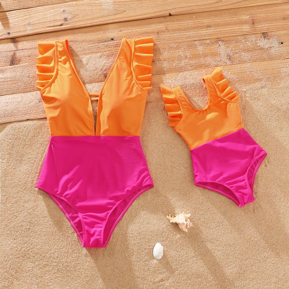 Colorblock Spliced Deep V Neck Ruffle Trim One-Piece Swimsuit for Mom and Me Orange