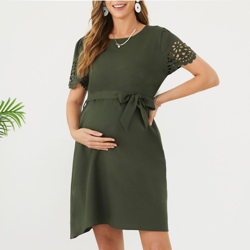 Maternity Hollow Out Short-sleeve Belted Dress Green