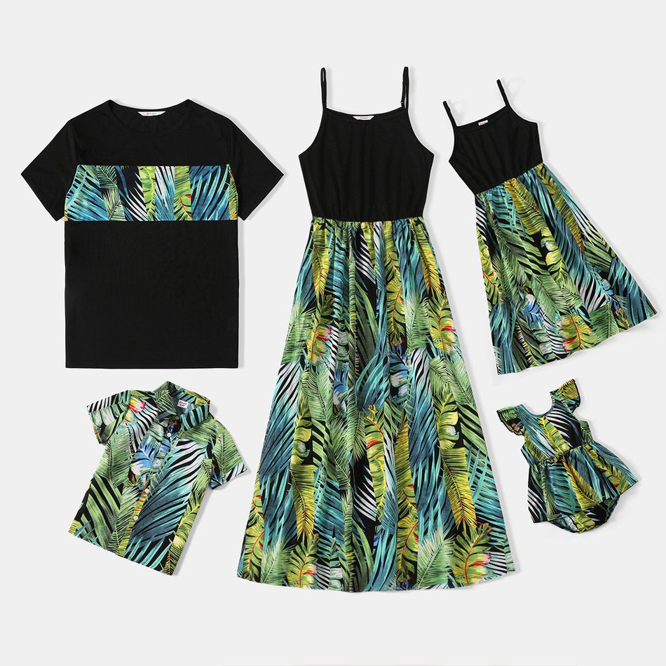 Family Matching Allover Tropical Plant Print Spliced Black Cami Dresses and Short-sleeve Tops Sets Turquoise