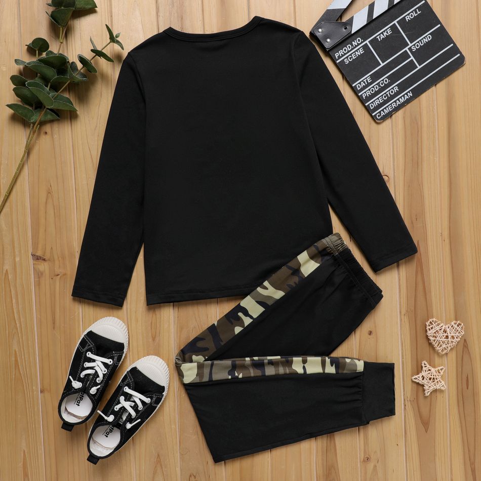 2pcs Kid Boy Letter Print Long-sleeve Black Cotton Tee and Camouflage Print Pants Set Black big image 2