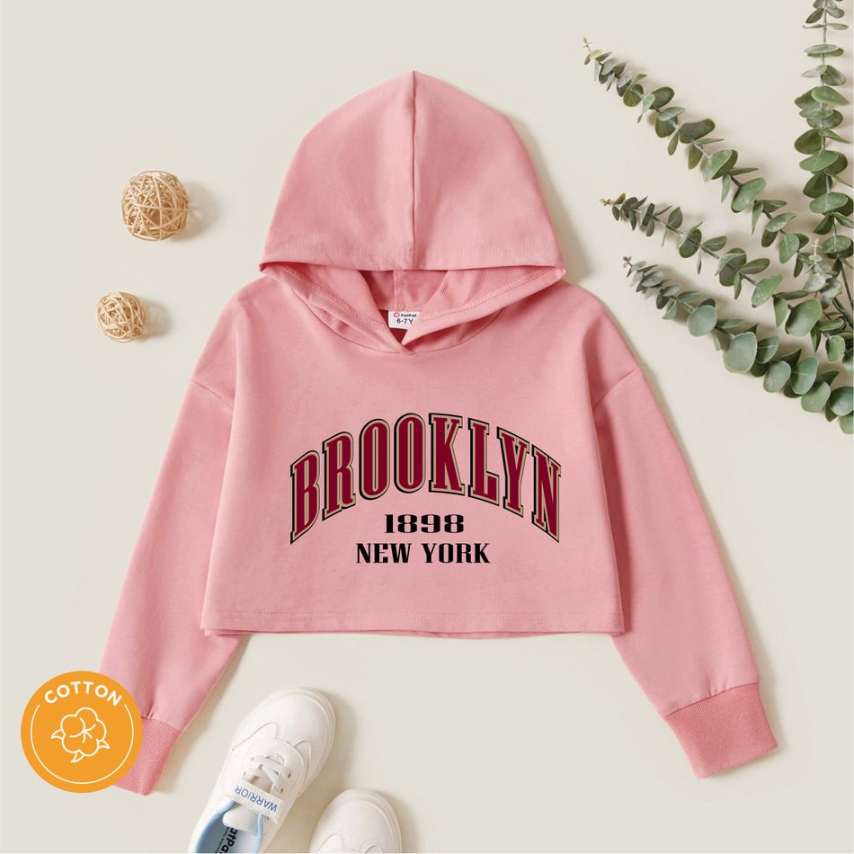 Kid Girl Letter Print Cotton Crop Hooded Sweatshirt Pink