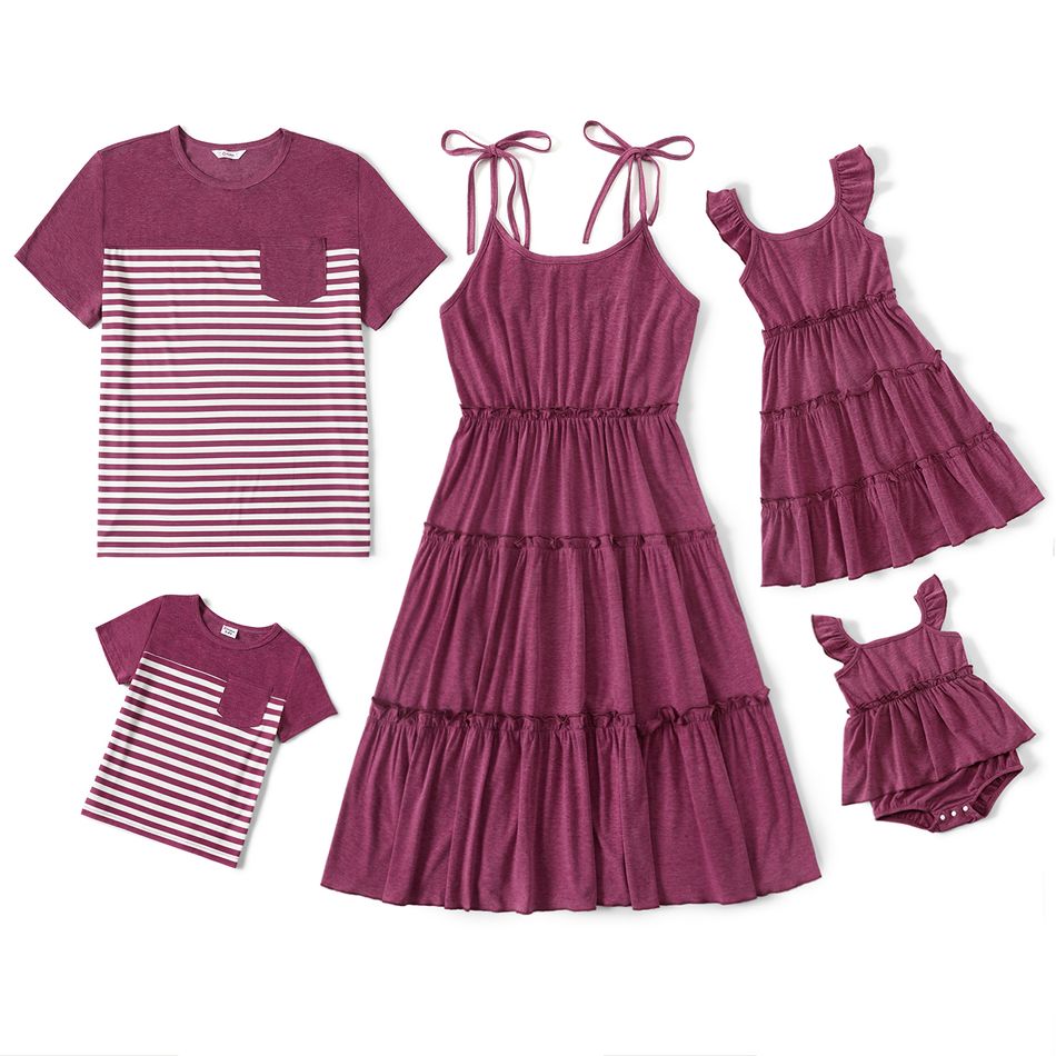 Family Matching Solid Tiered Tie Shoulder Cami Dresses and Short-sleeve Striped Spliced T-shirts Sets Purple big image 1