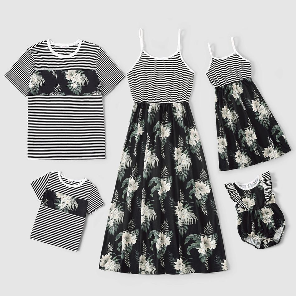 Family Matching 100% Cotton Stripe Splicing Floral Print Cami Dresses and Short-sleeve T-shirts Sets Black/White