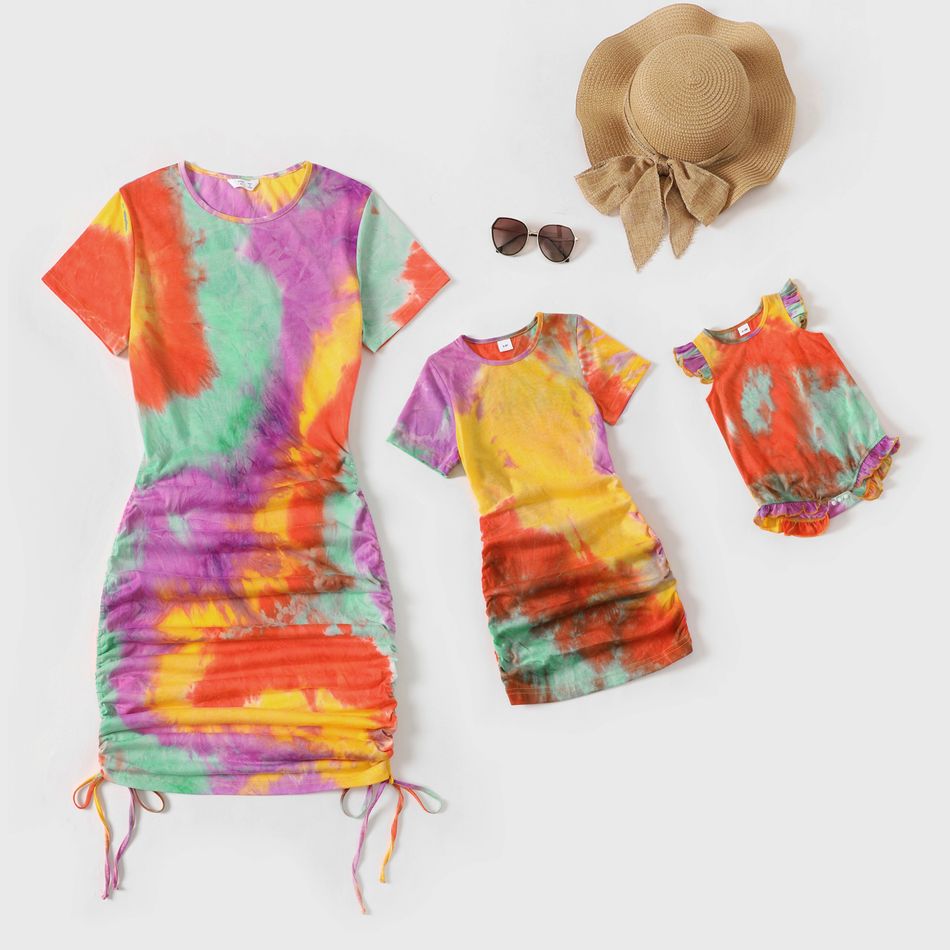 Tie Dye Round Neck Short-sleeve Ruched Drawstring Bodycon Dress for Mom and Me Colorful big image 1