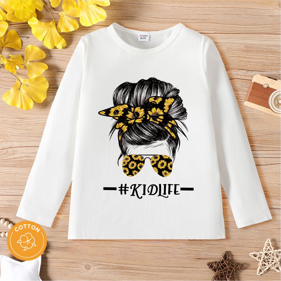 Kid Girl 95% Cotton Casual Letter Figure Print Short-sleeve Tee White big image 1