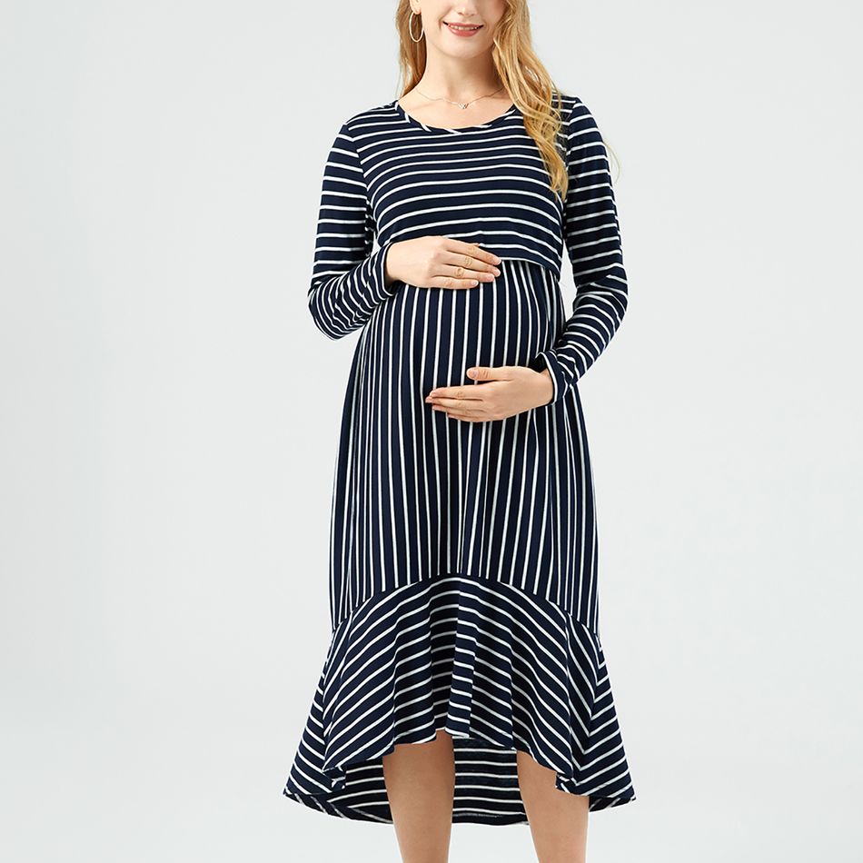 Nursing Asymmetrical Hem Stripe Long-sleeve Dress Dark Blue