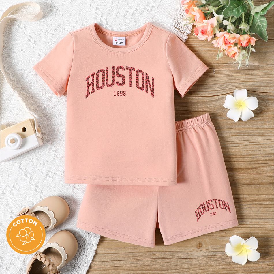 2pcs Baby Boy/Girl 95% Cotton Short-sleeve Letter Print Short-sleeve T-shirt and Shorts Set Light Pink