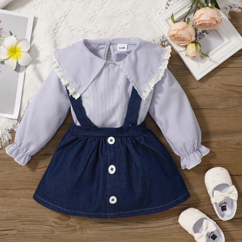 2pcs Toddler Girl Statement Collar Stripe Long-sleeve Blouse and Suspender Denim Skirt Set Blue big image 2