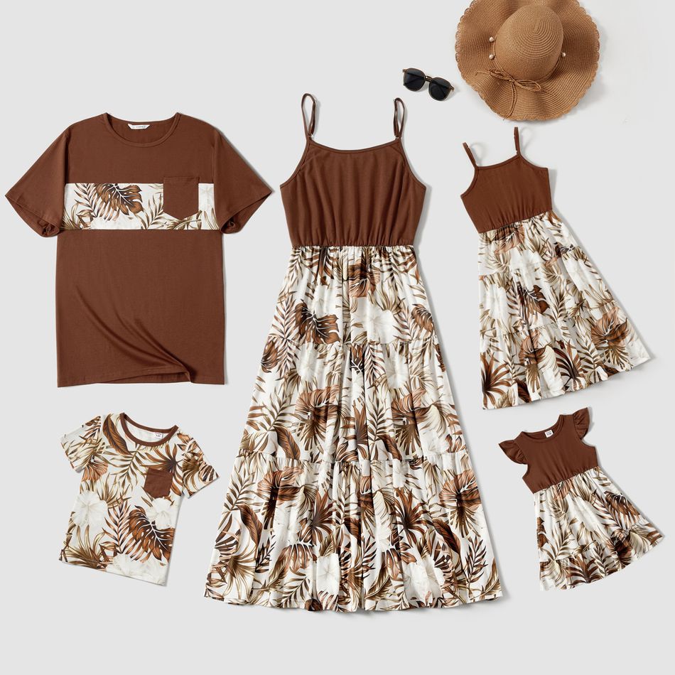 Family Matching Solid Spliced Palm Leaf Print Cami Dresses and Short-sleeve T-shirts Sets Brown big image 1