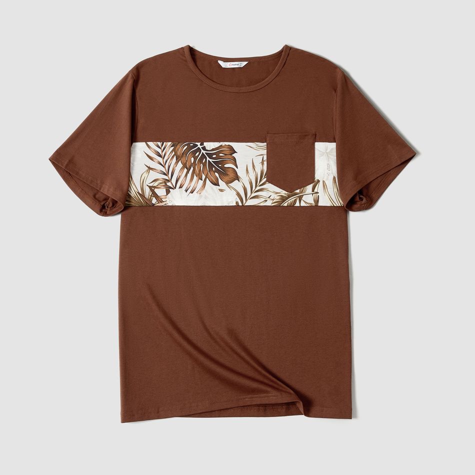 Family Matching Solid Spliced Palm Leaf Print Cami Dresses and Short-sleeve T-shirts Sets Brown big image 8