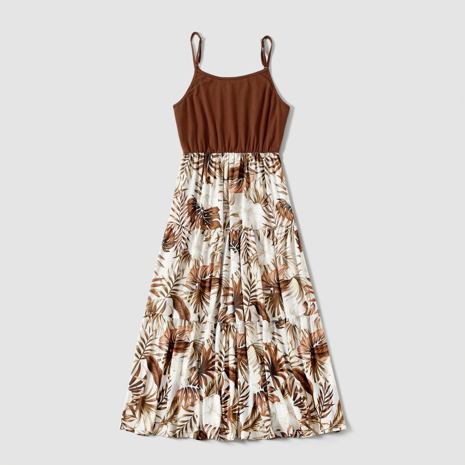 Family Matching Solid Spliced Palm Leaf Print Cami Dresses and Short-sleeve T-shirts Sets Brown big image 2