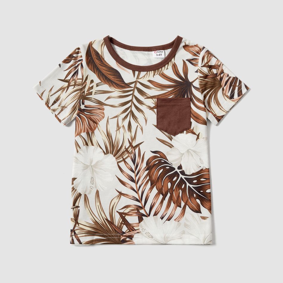 Family Matching Solid Spliced Palm Leaf Print Cami Dresses and Short-sleeve T-shirts Sets Brown big image 9