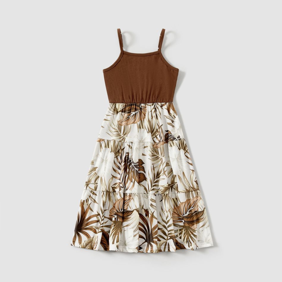 Family Matching Solid Spliced Palm Leaf Print Cami Dresses and Short-sleeve T-shirts Sets Brown big image 5