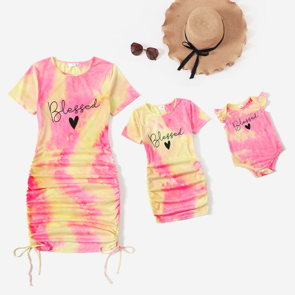 Love Heart & Letter Print Tie Dye Short-sleeve Ruched Drawstring Bodycon Dress for Mom and Me Pink big image 1
