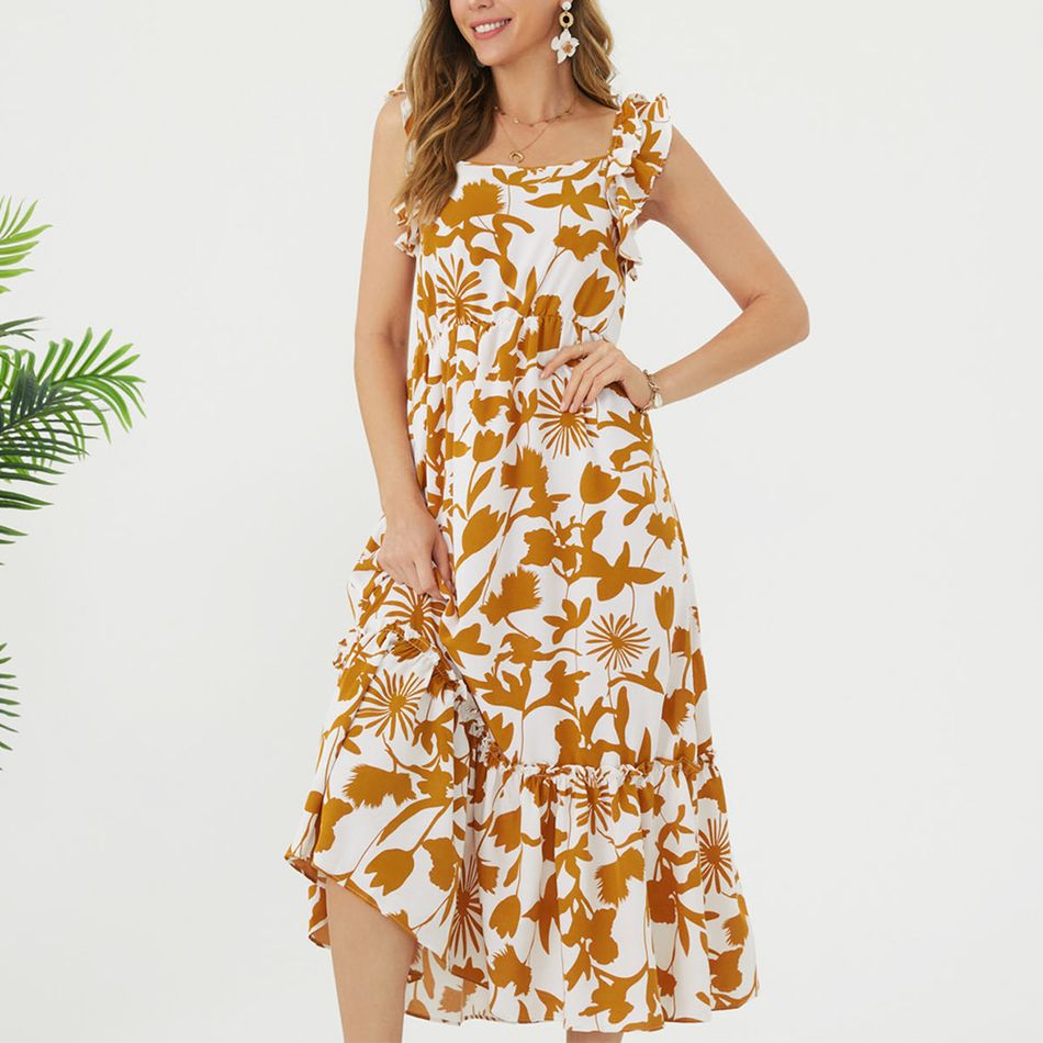 Maternity Floral Print Ruffle Sleeve Tank Dress Coffee