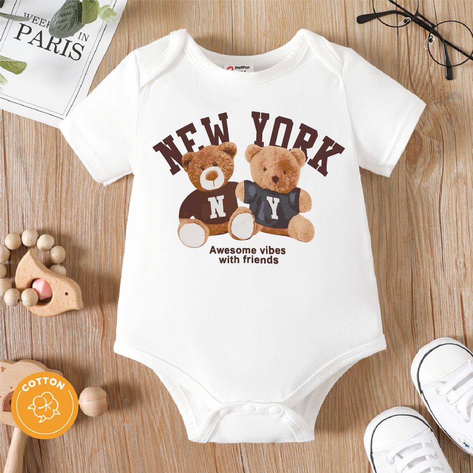 Baby Boy/Girl 95% Cotton Short-sleeve Bear & Letter Print Romper White
