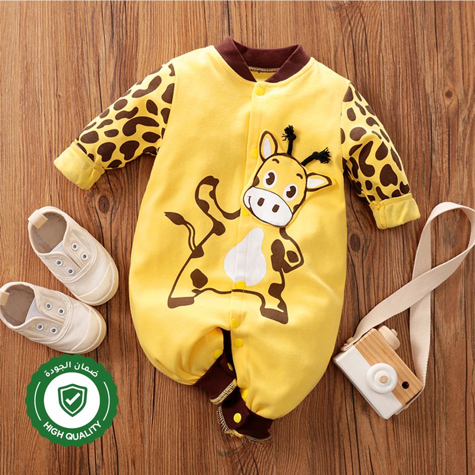 100% Cotton Giraffe Print Long-sleeve Yellow Baby Jumpsuit Orange
