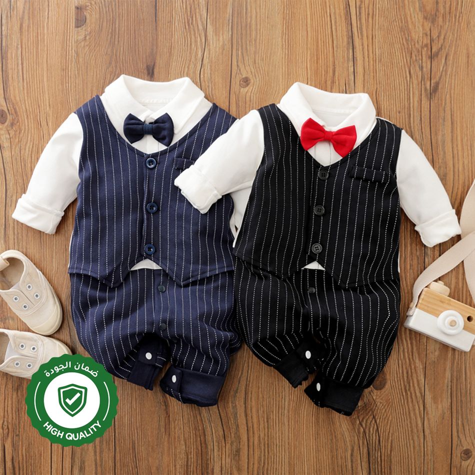 100% Cotton Stripe Print Bow Tie Decor Long-sleeve Baby Jumpsuit Dark Blue big image 2