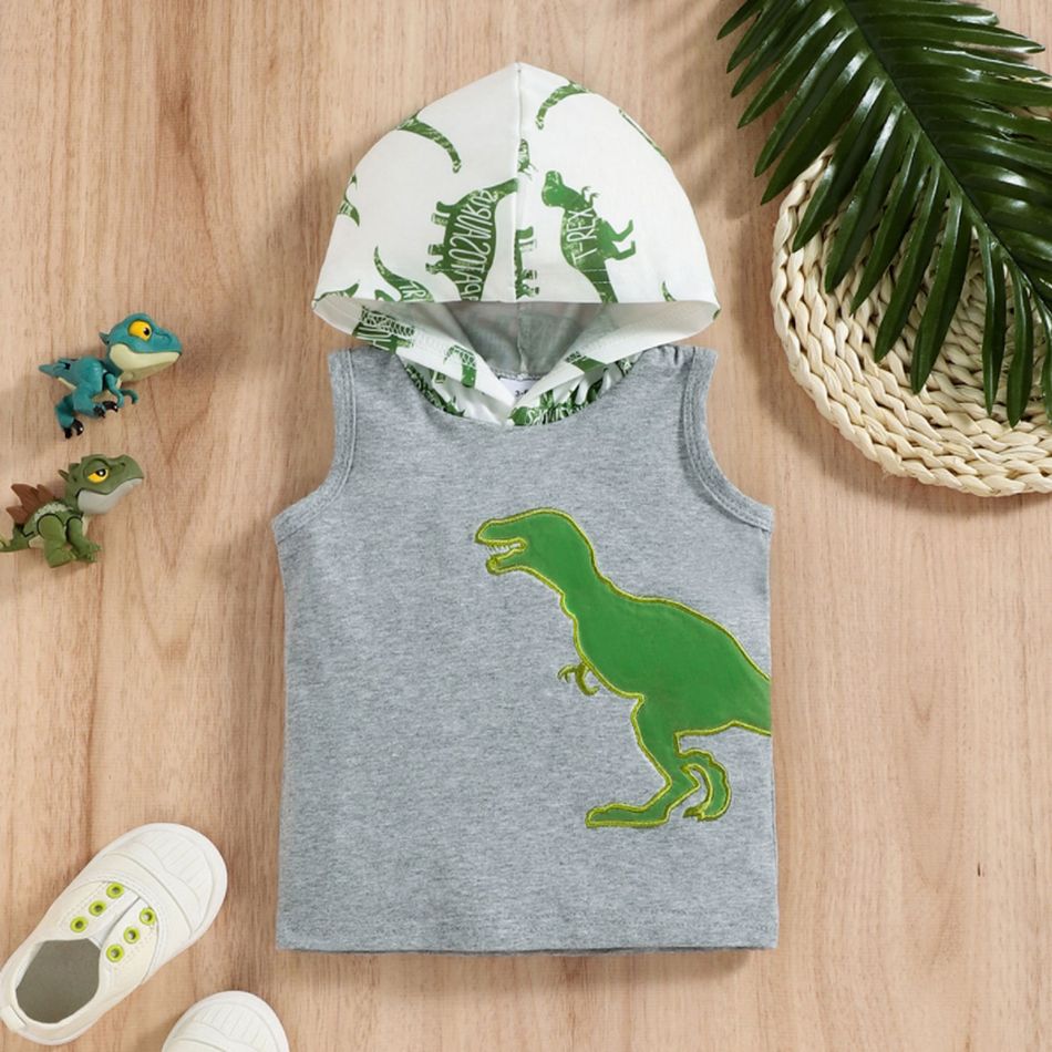 2pcs Baby Boy Allover Dinosaur Print Hooded Tank Top and Shorts Set Lightgrey big image 3